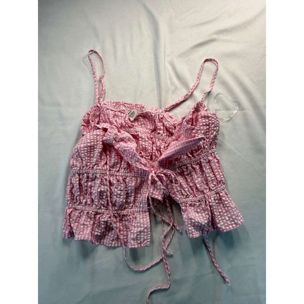No Boundaries Womens Pink Gingham Cami Top Size M 8-10 Smocked Ruffle Crop Tank